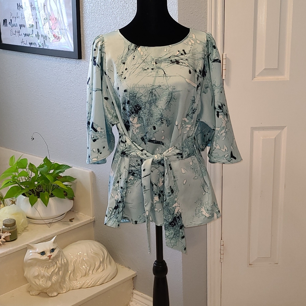 Alfani Women's Blouse Blue Size Small S Tie Front Floral Elbow Sleeve